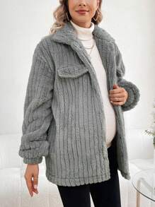 SHEIN Maternity Velvety Coat With Flip Design, For Winter - Apricot - View 5