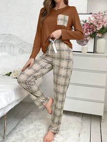 Plaid Long Sleeve Pajama Set - Brown - View 5