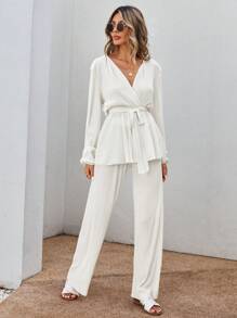 EURMUSE 100%Cotton Solid Drop Shoulder Belted Top & Pants Casual Sets - Apricot - View 4