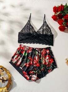 女式大碼花卉印花蕾絲性感內衣套裝 - 黑色 - 查看 1