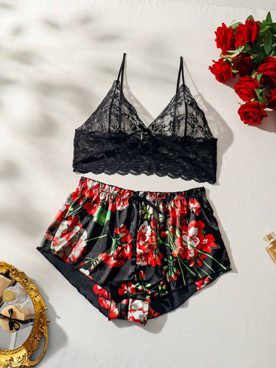 女式大碼花卉印花蕾絲性感內衣套裝 - 黑色 - 查看 1