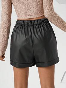 SHEIN Essnce 女式 Pu 捲邊短褲 - 黑色 - 查看 2