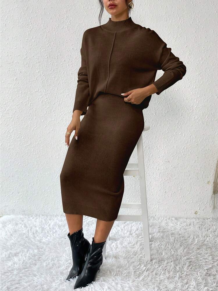 2pcs/set Simple Casual Stand Collar Drop Shoulder Sleeve Sweater And Skirt Set