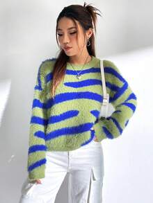 SHEIN Qutie 條紋圖案下垂肩毛衣 - 綠色 - 查看 3