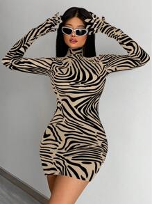 SHEIN SXY Zebra Pattern High Neck Full Long Sleeve Bodycon Dress With Attached Finger Gloves - Khaki - View 1