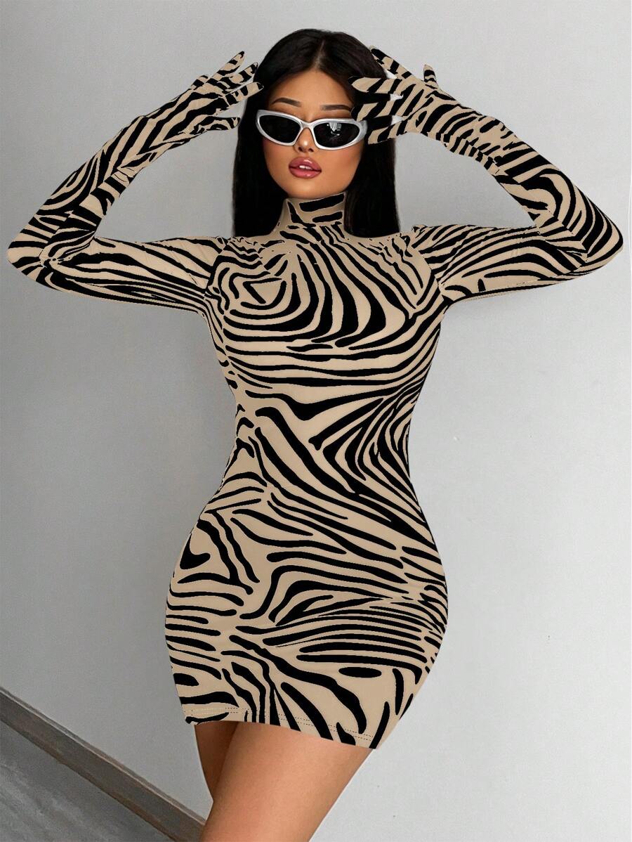 SHEIN SXY Zebra Pattern High Neck Full Long Sleeve Bodycon Dress With Attached Finger Gloves - Khaki - View 1