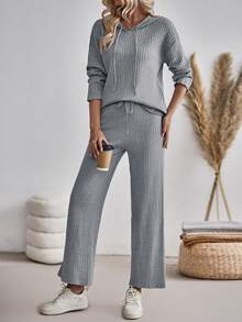 SHEIN LUNE 純色休閒連帽毛衣褲套裝 - 灰色 - 查看 4