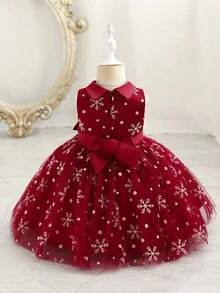 Little Girls' Snowflake And Bow Knot Detail Sleeveless Party Dress - Burgundy - View 2