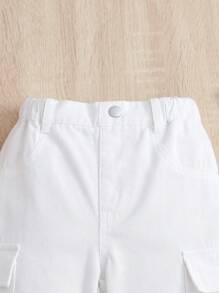 SHEIN Vintaside Kids Young Girl Streetwear, Sweet & Cool Wide Leg Utility Jeans With Large Pockets - White - View 3