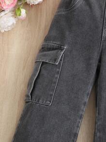 SHEIN Young Girl Street Style Sweet And Cool Wide Leg Denim Pants With Big Pockets Summer Holiday - Black - View 5