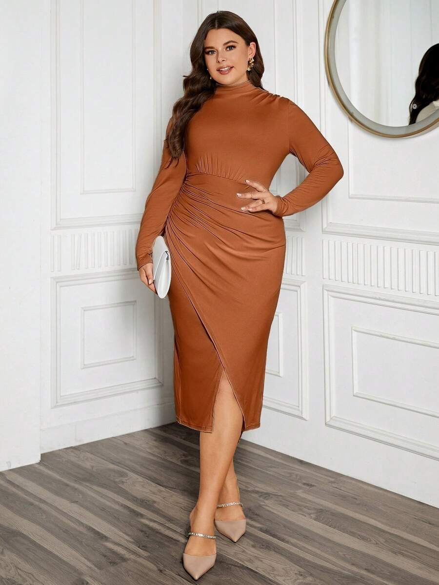 SHEIN Clasi Women's Plus Size Wrapping Design Fitted Dress With Flounced Hem - Coffee Brown - View 1