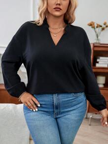 SHEIN Essnce Áo sơ mi nữ cỡ lớn tay phồng với cổ bèo nhún. - màu đen - Xem 7