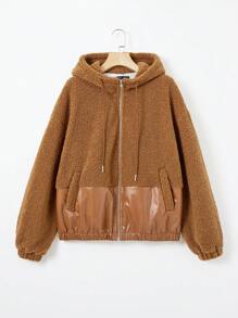 SHEIN EZwear Drop Shoulder Drawstring Hooded Teddy Jacket