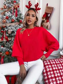 SHEIN LUNE Của phụ nữ Màu thuần tay cánh Áo len - Đỏ - Xem 6