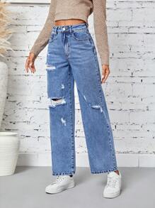 SHEIN LUNE Women's Distressed Straight Leg Jeans - Medium Wash - View 4