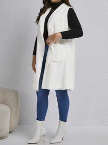 SHEIN LUNE Kích thước lớn Mở Mặt trước Áo vest Có khăn choàng Vòng cổ Và Giường đôi tiêu chuẩn Túi - trắng - Xem 4