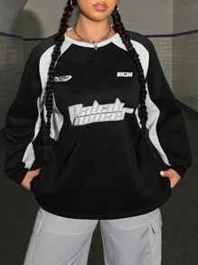 SHEIN EZwear Hơn Đồ họa Chữ cái Tay Raglan Áo nỉ - Đen và trắng - Xem 3