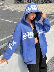 SHEIN EZwear CURVE Áo nỉ cỡ lớn in chữ - Màu xanh lam - Xem 3