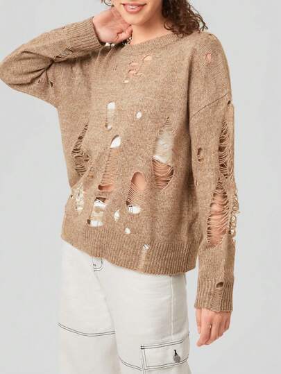 Forever 21 Women S Distressed Drop Shoulder Sweater With Cutout Details SHEIN