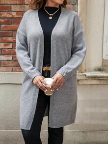 SHEIN LUNE 女性加大碼單色鬆身開衫,前開襟,下垂肩 - 灰色 - 查看 3