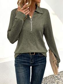 SHEIN LUNE 女性純色半拉鍊襯領t恤 - 軍綠色 - 查看 3