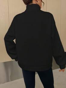 SHEIN EZwear Spring Clothes Textured Zipper Half Opening Stand Collar Sweatshirt Graduation,Back To School Outfits,Graduation,Teacher Outfits For Women,Back To School In Fall/Winter - Black - View 2