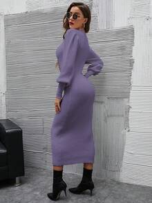 Modelyn Của phụ nữ Tay áo lồng đèn Thon gọn Đầm Áo len - Bụi tím - Xem 2