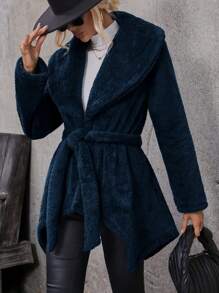 SHEIN LUNE Wrap Collar Coat With Waist Belt Fall Cloth For Women - Navy Blue - View 1