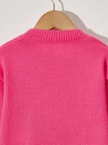 SHEIN Young Girl Star Patch Round Neck Sweater Pullover - Hot Pink - View 4