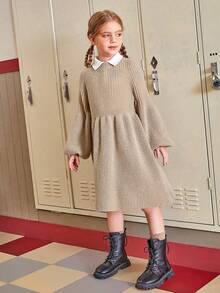 SHEIN 少女翻领灯笼袖毛衣连衣裙 - 卡其色 - 查看 7