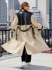 Aveloria Spliced Pu Belt Trench Coat - Khaki - View 3