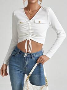 SHEIN Essnce 女性貼身短款v領上衣,適合情人節佩戴 - 白色 - 查看 1