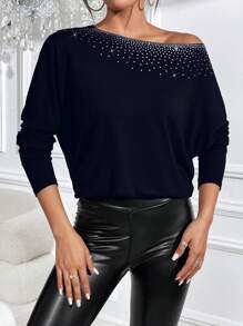 Allurite Women's Asymmetrical Hem Batwing Sleeve T-shirt With Rhinestone Embellishment - Navy Blue - View 1