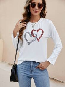 SHEIN LUNE 女性心形印花t恤 - 白色 - 查看 1