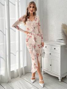 Firerie 女款花卉印花 V 領網布拼接荷葉邊下擺洋裝 - 彩色 - 查看 4