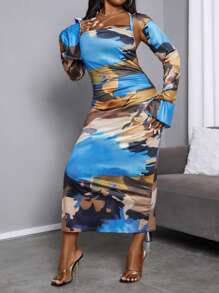 SHEIN Unity Women'S Plus Size Printed Halter Neck Open Back High Low Hem Dress - Multicolor - View 4