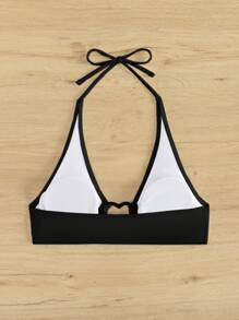 SHEIN Swim قمة بيكيني عنق المثلث المزود بإبزيم للنساء مزينة بالقلب - الأسود - مشاهدة 2