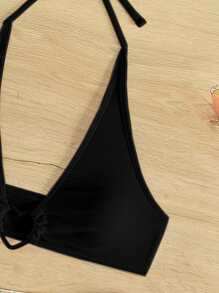 SHEIN Swim قمة بيكيني عنق المثلث المزود بإبزيم للنساء مزينة بالقلب - الأسود - مشاهدة 5