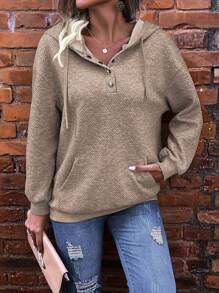 SHEIN LUNE 女式落肩抽繩連帽運動衫 - 卡其色 - 查看 4