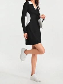 Tennis Casual Women's Spring And Autumn New Contrast Color Stretchy Dress That Shows Elegant And High Sense - Black and White - View 7