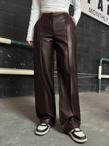 SHEIN Coolane Pu Straight Leg Pants - Coffee Brown - View 3