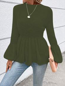 SHEIN LUNE 女款實色燈籠袖毛衣,褶邊下擺設計 - 綠色 - 查看 5