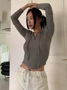 DAZY Ladies' Hooded Knitted Top With Partial Button Placket And Drawstring - Brown - View 4