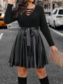 Calvaya 大尺碼交叉肩帶pu皮裝飾腰帶裙 - 黑色 - 查看 4
