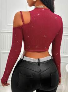 Zolique 女士闪亮不对称肩部短款上衣 - 黑色 - 查看 2