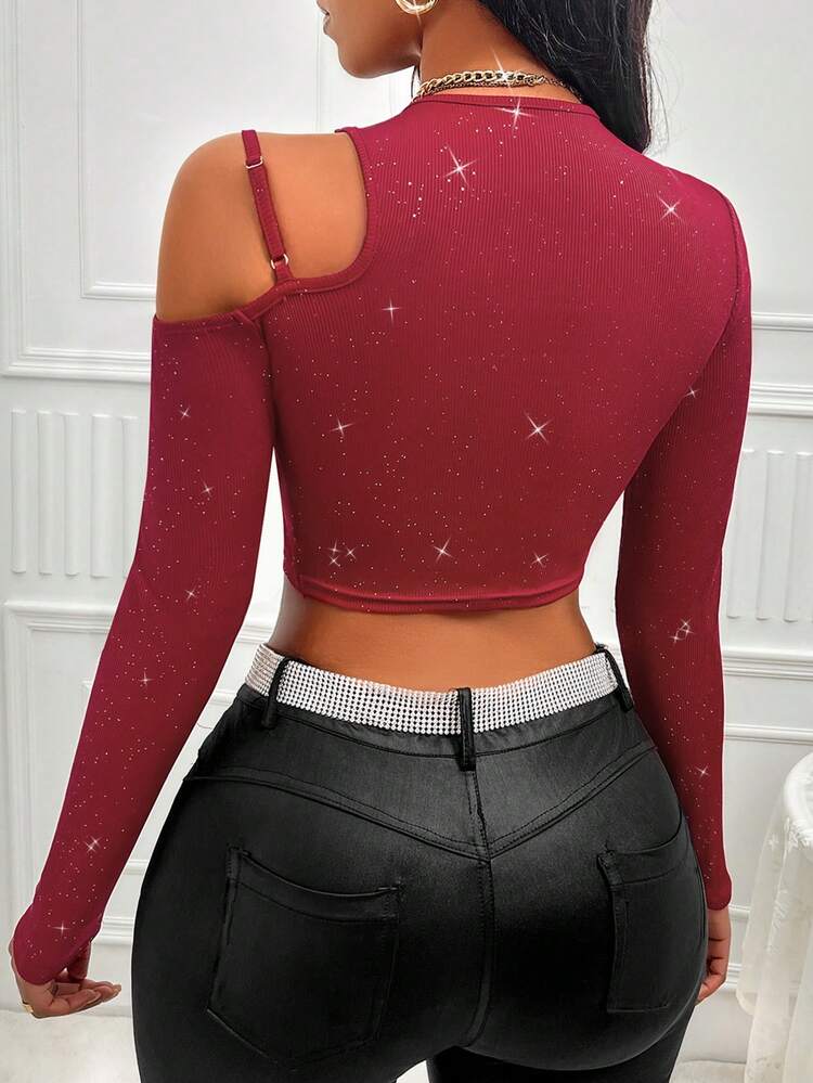 Women's Glittering Asymmetrical Shoulder Cropped Top Fall Cloth For Women