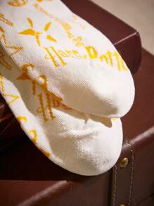 Harry Potter | ROMWE 女士中筒襪,帶有文字印花 - 白色 - 查看 4