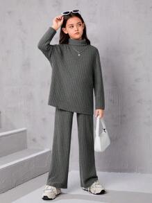 SHEIN Leap Crew 中大童女孩寬鬆復古高領寬鬆條紋襯衫和長褲兩件套裝 - 深灰色 - 查看 3