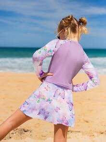 Tween Girl Butterfly Pattern 3-Piece Raglan SleeveTankini Swimwear Set - Mauve Purple - View 2