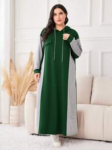 Mulvari Plus Size Women's Colorblock Hooded Drawstring Sweatshirt Dress - Multicolor - View 5